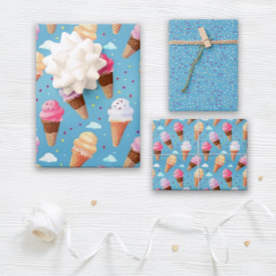 Feuille De Papier Cadeau Cône de crème glacée rose et bleue