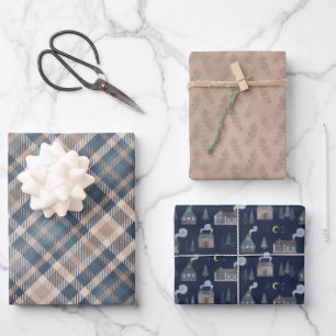 Feuille De Papier Cadeau Cônes de pin bleu et tan plaid et maison