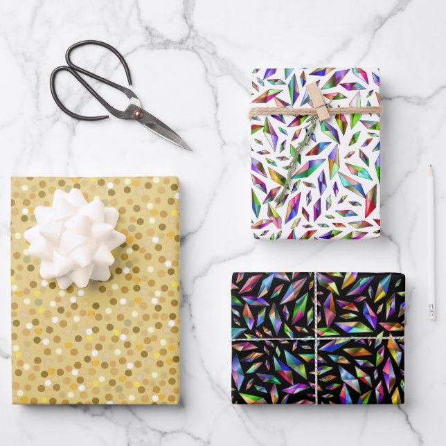 Feuille De Papier Cadeau Confettis dorés et pierres multicolores (Recto)
