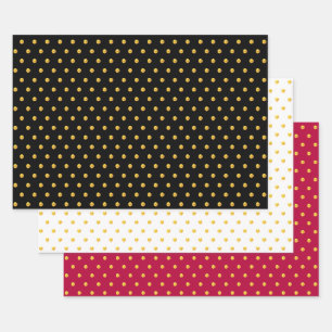 Feuille De Papier Cadeau Confettis points dorés sur fond noir, rouge et bla
