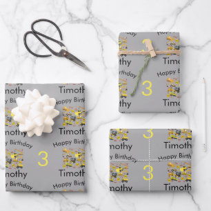 Feuille De Papier Cadeau Construction Camions Motif Nom et âge du garçon