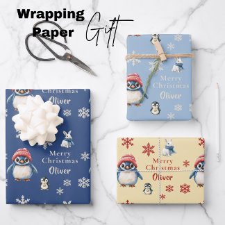 Feuille De Papier Cadeau Contes d'hiver enchantés Pingouin et lapin Noël