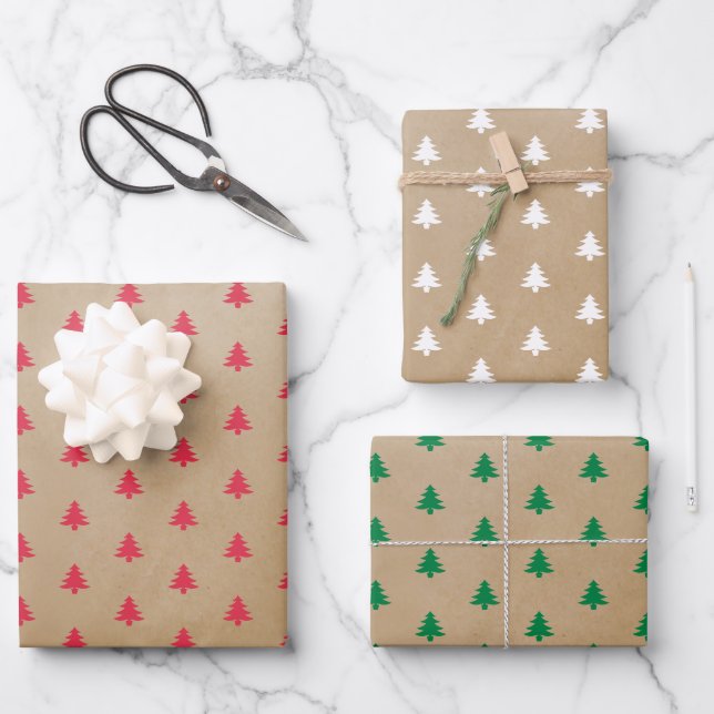 Feuille De Papier Cadeau Cool moderne Kraft Blanc Red Green Arbres (Recto)