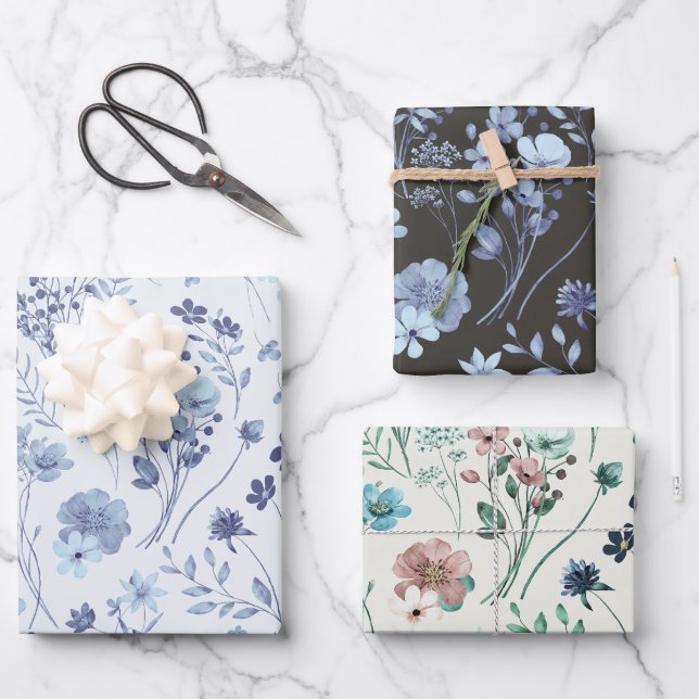 Feuille De Papier Cadeau Cool Pastel Bleu & Crème Fleurs d'Aquarelle Rustiq (Recto)