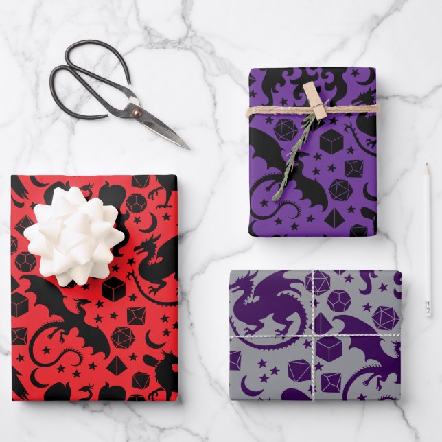 Feuille De Papier Cadeau Cool Whimsical Dragon & Dice Thématique Purple & R (Recto)