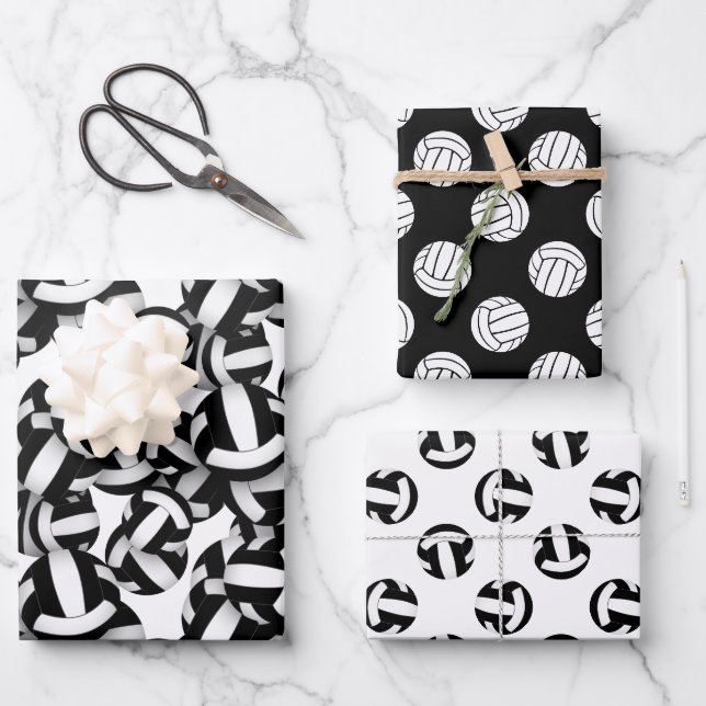 Feuille De Papier Cadeau coordination ensemble noir blanc volleyballs motif (Recto)