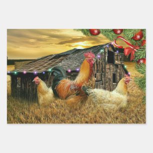 Feuille De Papier Cadeau Coq de Noël Hen Barn Coop Farm