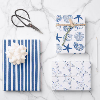 Feuille De Papier Cadeau Coques et rayures marines bleues et blanches