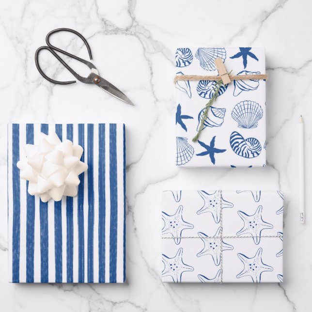 Feuille De Papier Cadeau Coques et rayures marines bleues et blanches (Recto)