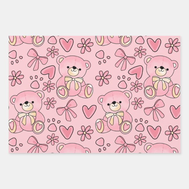 Feuille De Papier Cadeau Coquette Pink Teddy Bear Seamless Pattern (Devant)