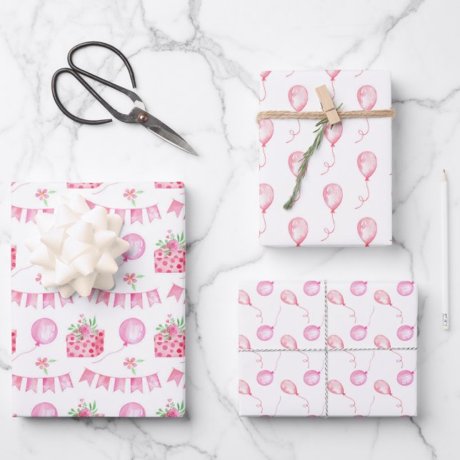 Feuille De Papier Cadeau Coquette rose Ballons fille Anniversaire (Recto)