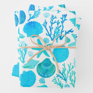 Feuille De Papier Cadeau Coquillages bleus et corail Motif Cadeau balnéaire