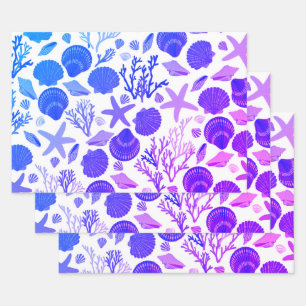 Feuille De Papier Cadeau Coquillages bleus et corail Motif Cadeau balnéaire