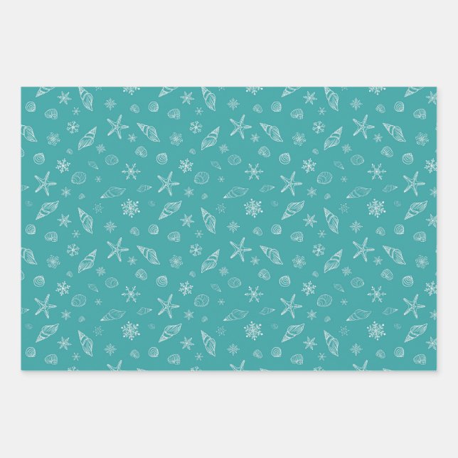 Feuille De Papier Cadeau Coquillages et flocons de neige avec Sea Green (Devant)