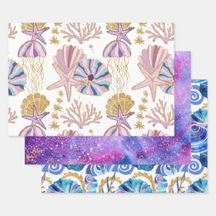 Feuille De Papier Cadeau Coquillages Océaniques Starfish Bleu violet Or ros