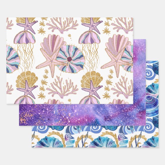 Feuille De Papier Cadeau Coquillages Océaniques Starfish Bleu violet Or ros (Lot)