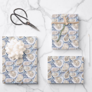 Feuille De Papier Cadeau Coquilles d'huître à l'aquarelle de la plage côtiè