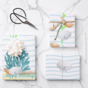 Feuille De Papier Cadeau Corail bleu, coquillages et oreiller bleu Pearl Th