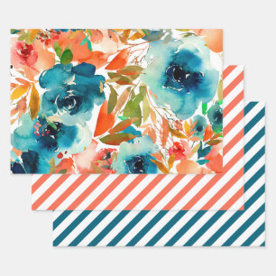 Feuille De Papier Cadeau Corail orange sarcelle aquarelle floral rayé