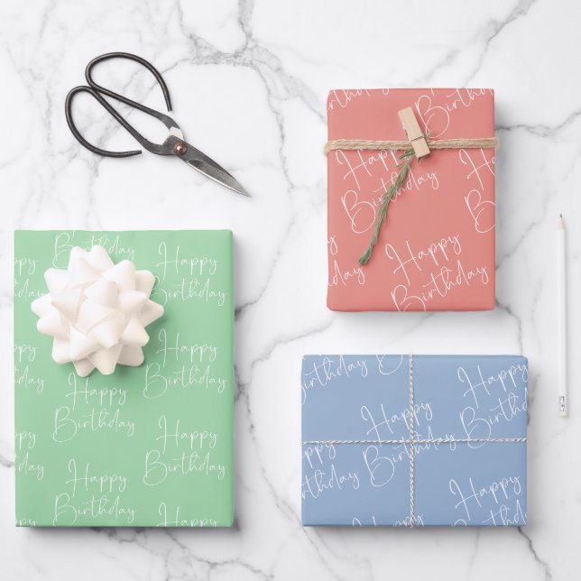 Feuille De Papier Cadeau Corail Vert Bleu Joyeux Anniversaire (Recto)