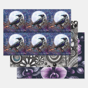 Feuille De Papier Cadeau Corbeau blanc floral noir pourpre découpage