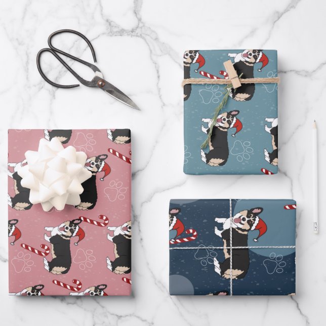 Feuille De Papier Cadeau Corgi de Noël (Recto)