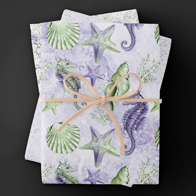 Feuille De Papier Cadeau Côte Chic | Mignon Violet et Vert Sous l'Océan (Créateur téléchargé)