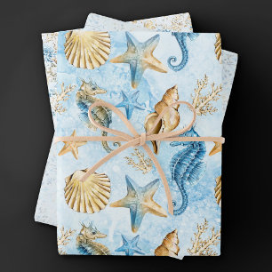 Feuille De Papier Cadeau Côté Chic   Moderne bleu et or sous la mer