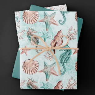 Feuille De Papier Cadeau Côté Chic Motif Pastel de Téal et Récif de Corai