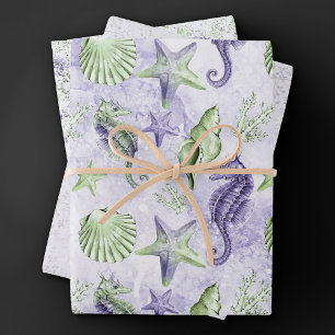 Feuille De Papier Cadeau Côté Plage Chic   Joli Violet et Vert Sous l'Océan