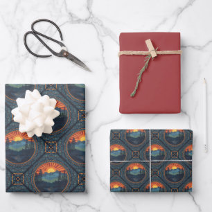 Feuille De Papier Cadeau Coucher de soleil vintage Mandala Carrelage géomét