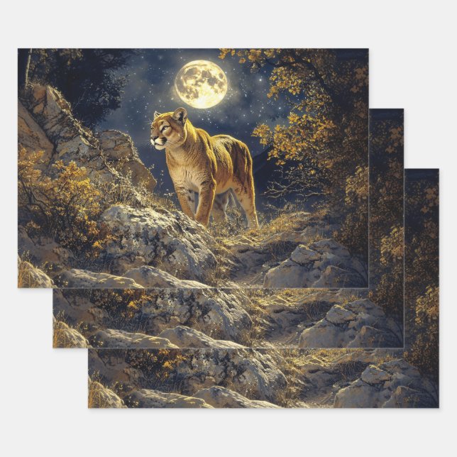 Feuille De Papier Cadeau Cougar in the Moonlight Wildlife Art Decoupage (Lot)