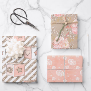 FEUILLE DE PAPIER CADEAU COULEUR D'EAU ROSE & TAN BÉBÉ FLEURS DE FILLES OUR