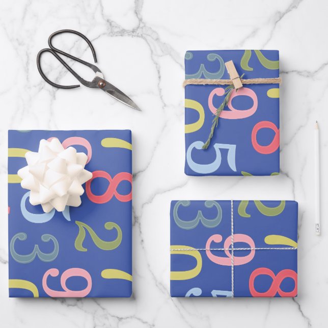 Feuille De Papier Cadeau Couleur mignonne Numéros simples Motif Bleu  (Recto)