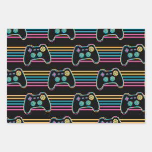 Feuille De Papier Cadeau Couleurs néons de Retro Gaming Geek Gamer 80s