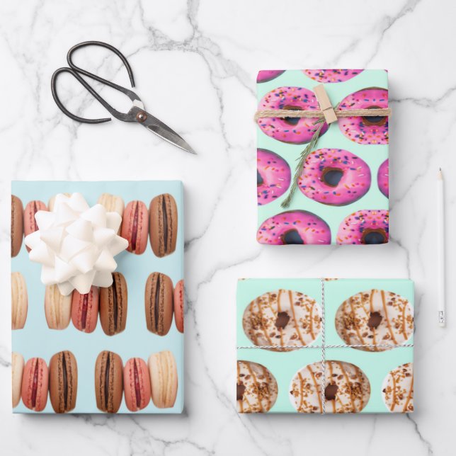 Feuille De Papier Cadeau couleurs pastel mignon foodie doughnut macaron (Recto)
