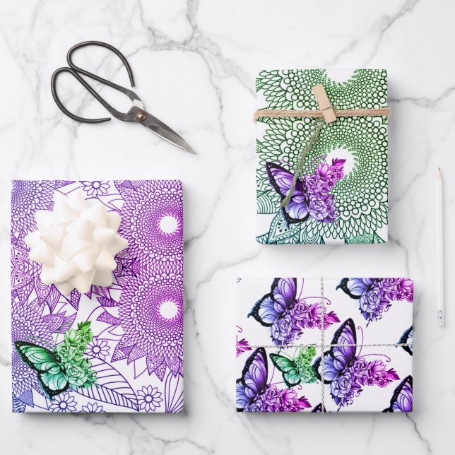 Feuille De Papier Cadeau Couleurs personnalisées Mandala papillon  (Recto)