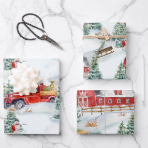 Feuille De Papier Cadeau Country Farm Camion Camion Snowman