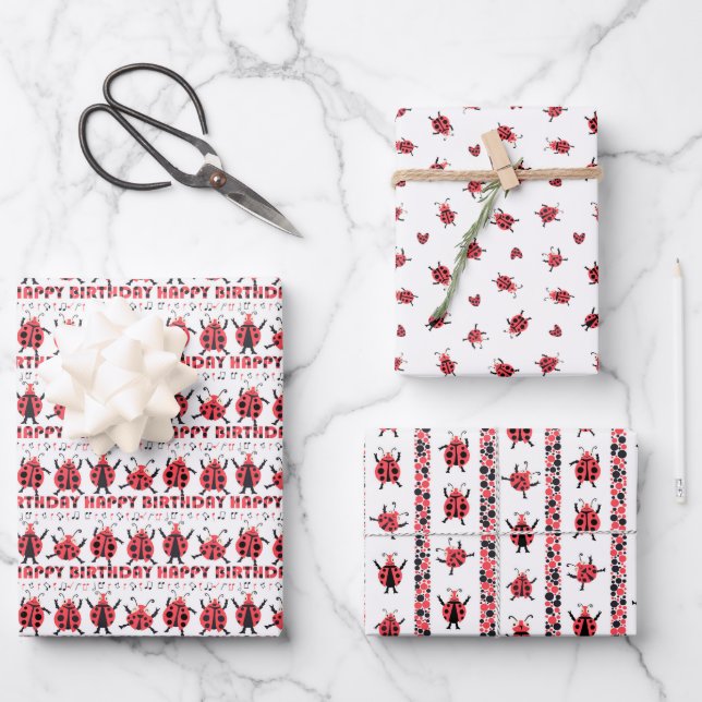 Feuille De Papier Cadeau  Coupable Ladybugs Noirs Joyeux Anniversaire Enfan (Recto)