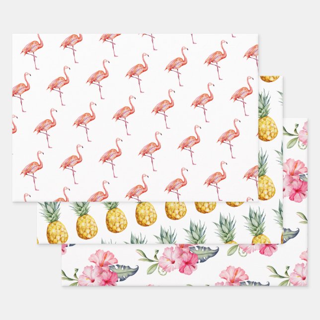 Feuille De Papier Cadeau Coupe d'été d'ananas au Flamant rose tropical (Lot)