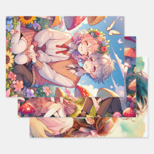 Feuille De Papier Cadeau Couple d'anime mignon et câlin, romantique et fant