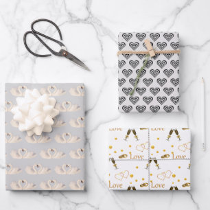 Feuille De Papier Cadeau Couple de cygnes et cœurs sur mariage argent et bl