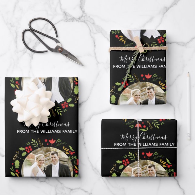 Feuille De Papier Cadeau Couple de mariage personnalisé Photo Chic Noir (Recto)