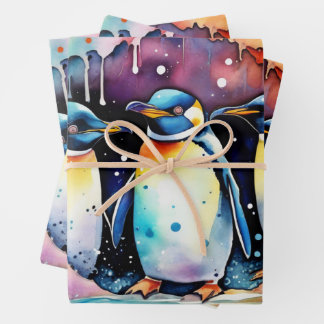 Feuille De Papier Cadeau Couple de pingouin Couleur soleil couché sur Icebe