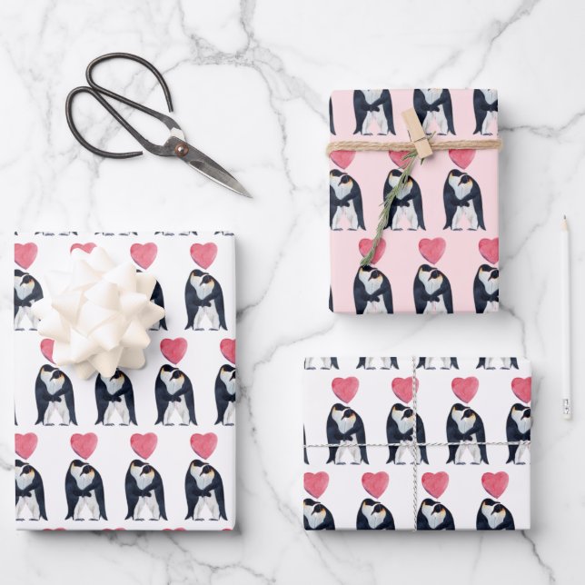 Feuille De Papier Cadeau Couple Empereur Penguin Coeur Saint Valentin  (Recto)