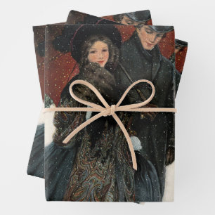 Feuille De Papier Cadeau Couple victorien vintage se promenant dans la neig