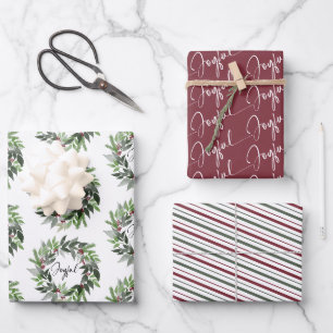 Feuille De Papier Cadeau Couronne de Noël Joyeux écriture Rouge Vert Fêtes