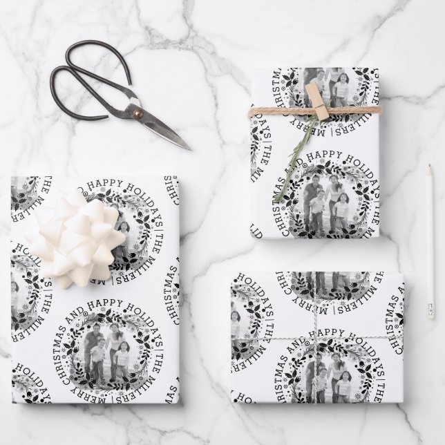 Feuille De Papier Cadeau Couronne de Noël noir et blanc et photo (Recto)