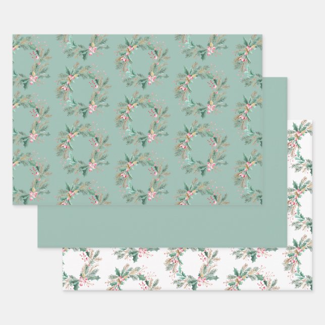 Feuille De Papier Cadeau Couronne de Noël rose vert (Lot)