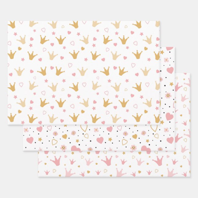 Feuille De Papier Cadeau Couronnes et Coeurs  (Lot)